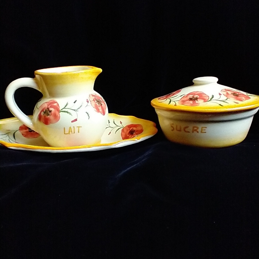 Atelier du Sage creamer and sugar with small dish